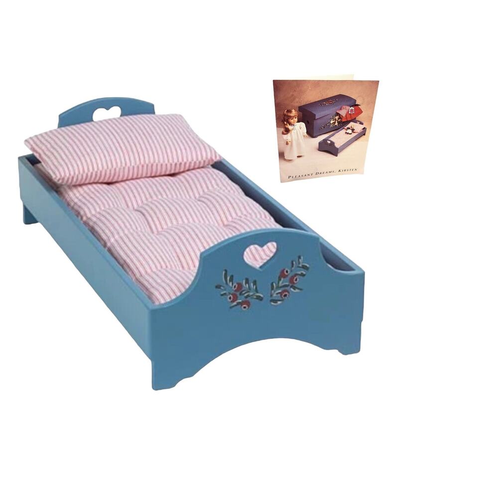 American Girl Kirsten Bed Pleasant Co Blue Wood Pink Mattress Pillow Pamphlet
